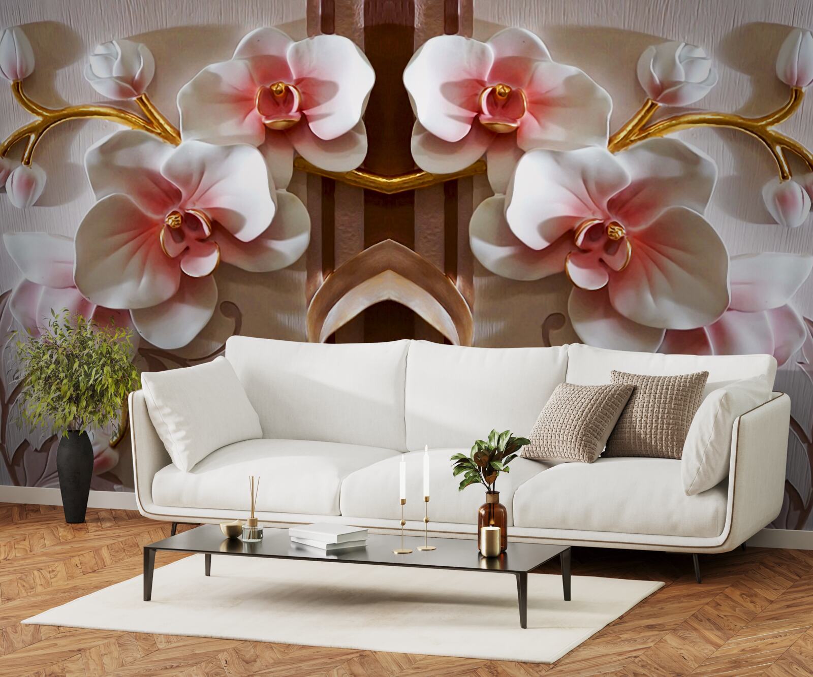 Fototapeten Weiße Orchideen schneiden sanft vom Goldzweig ab