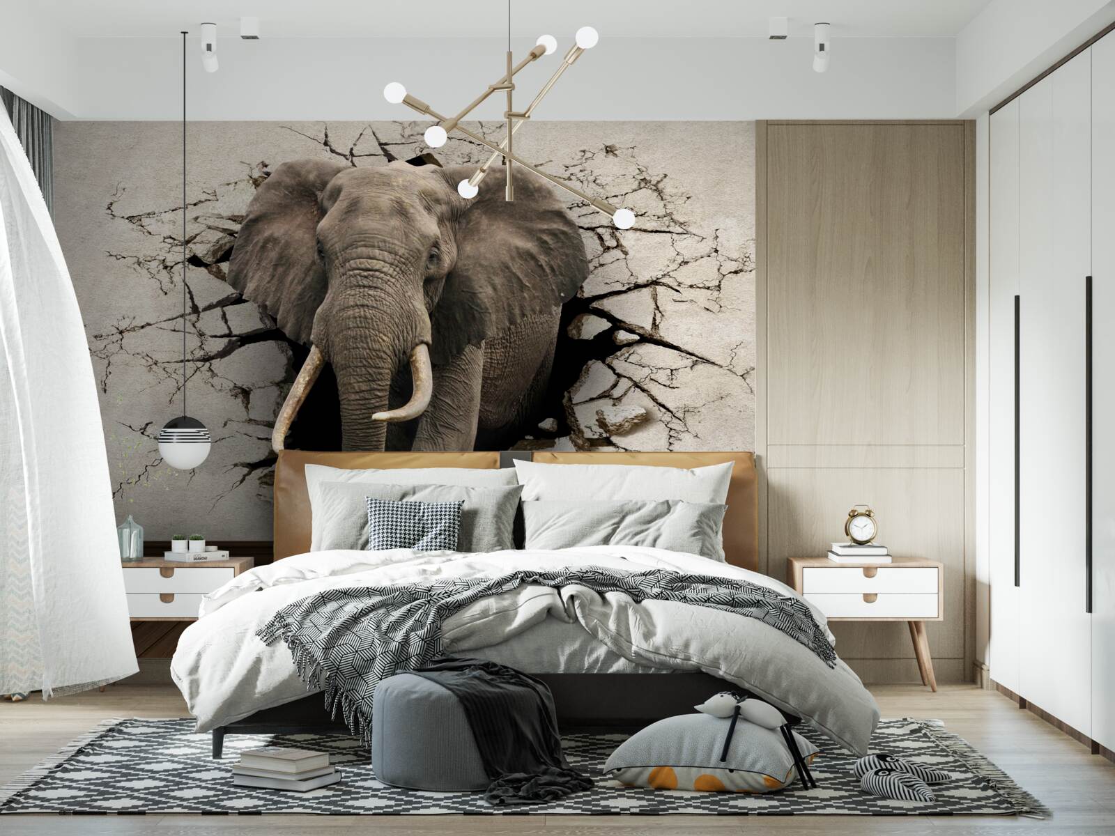 Fototapeten Ein starker Elefant zerstört eine graue Barriere