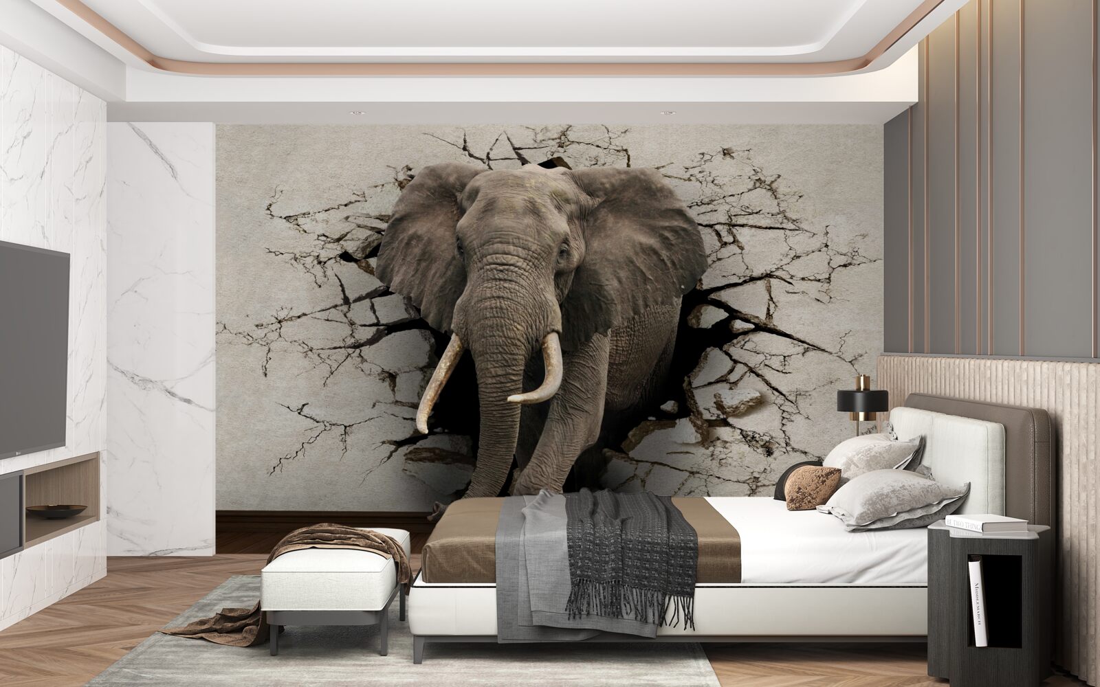 Fototapeten Ein starker Elefant zerstört eine graue Barriere