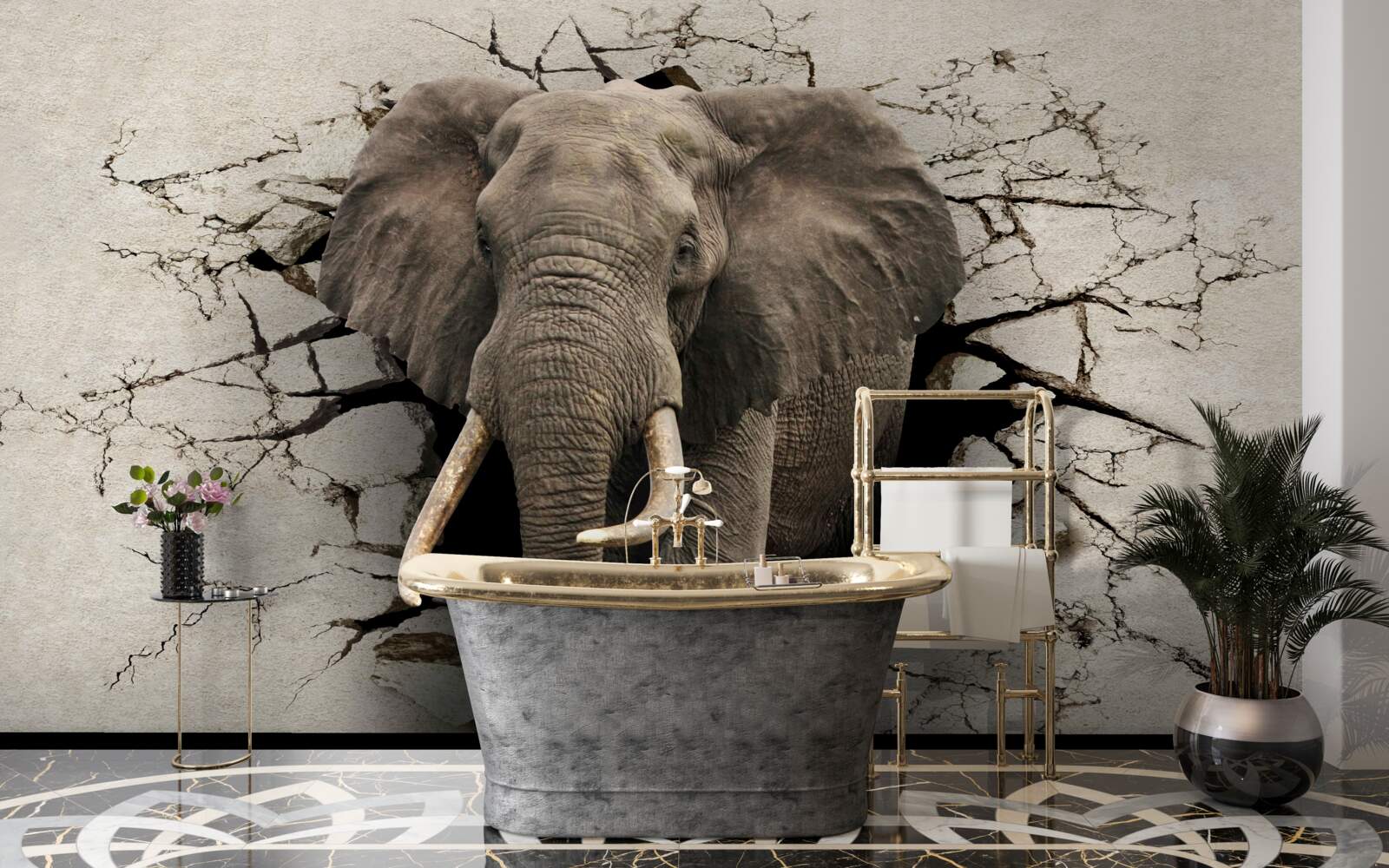 Fototapeten Ein starker Elefant zerstört eine graue Barriere
