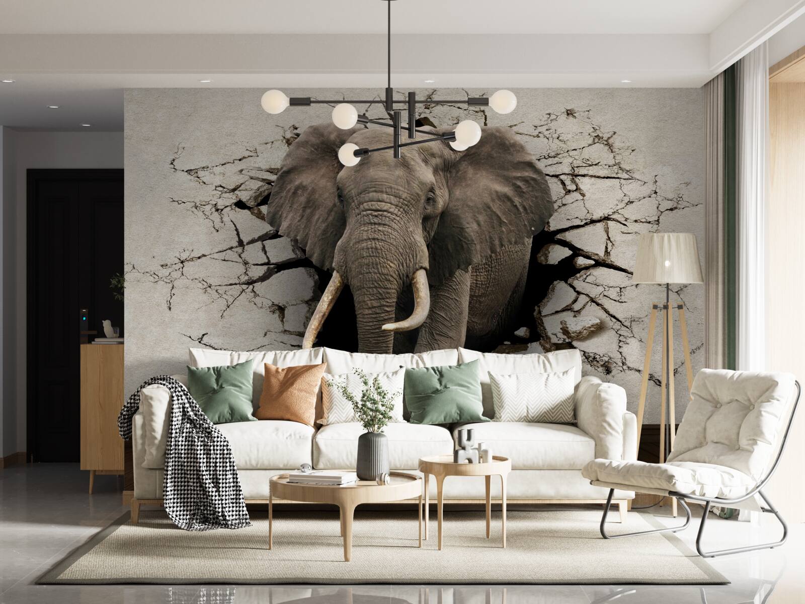 Fototapeten Ein starker Elefant zerstört eine graue Barriere