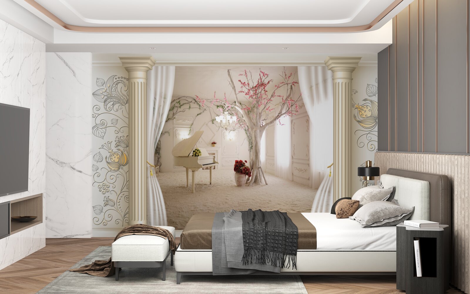 Fototapeten Ein bequemes Wohnzimmer mit echtem Holz