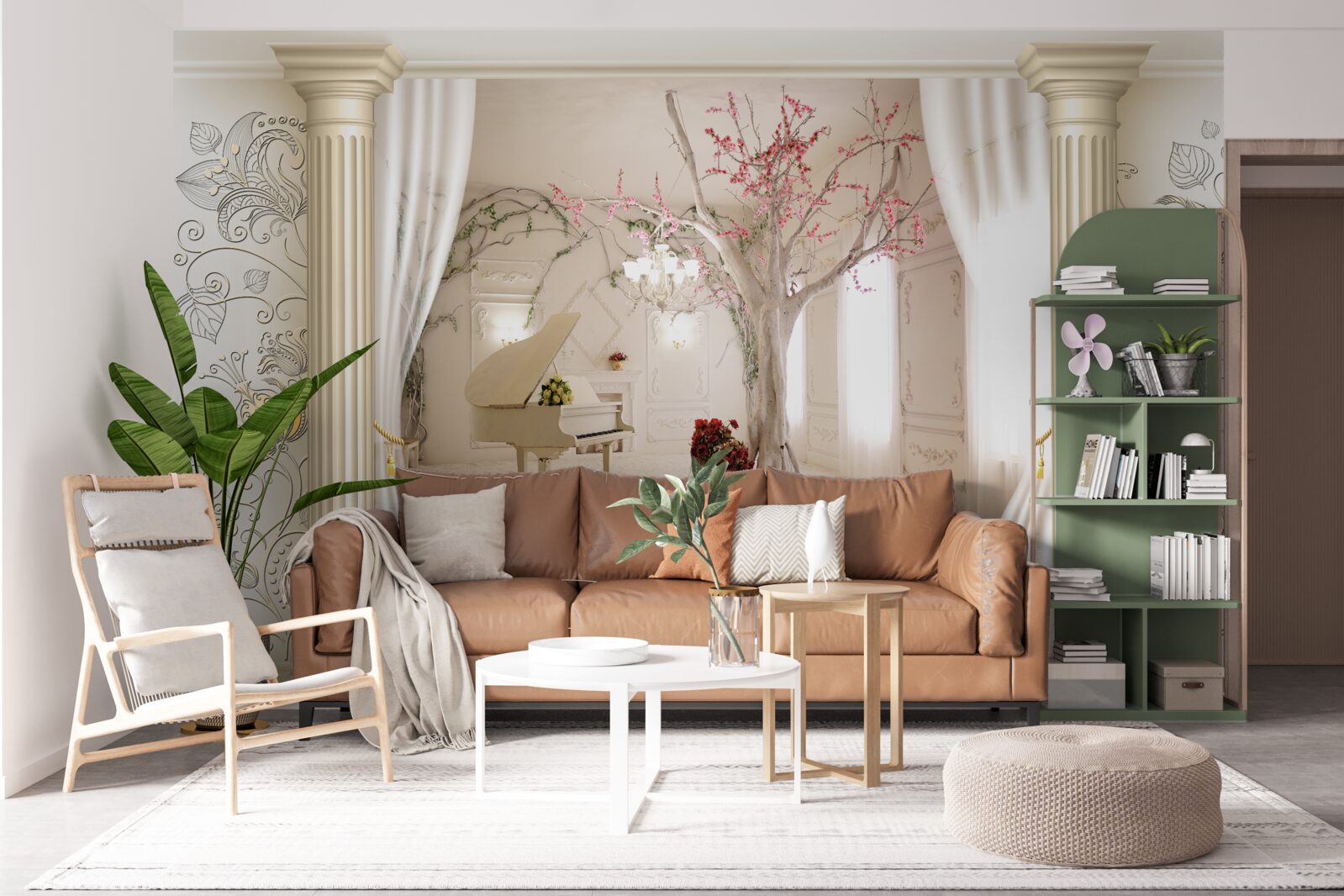 Fototapeten Ein bequemes Wohnzimmer mit echtem Holz