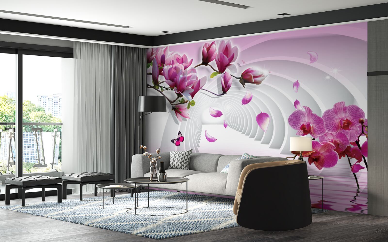 Fototapeten herrliche Töne von rosa Magnolien und Orchideen