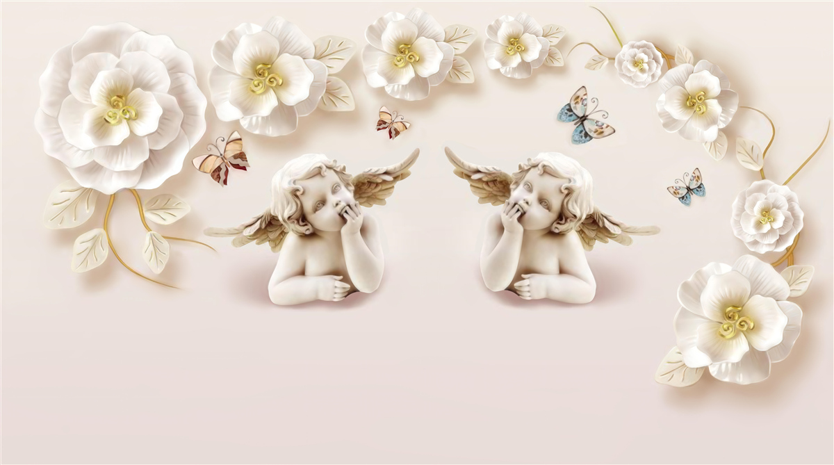 Fototapeten Ein Paar Engel, schneebedeckte Rosen und Motten