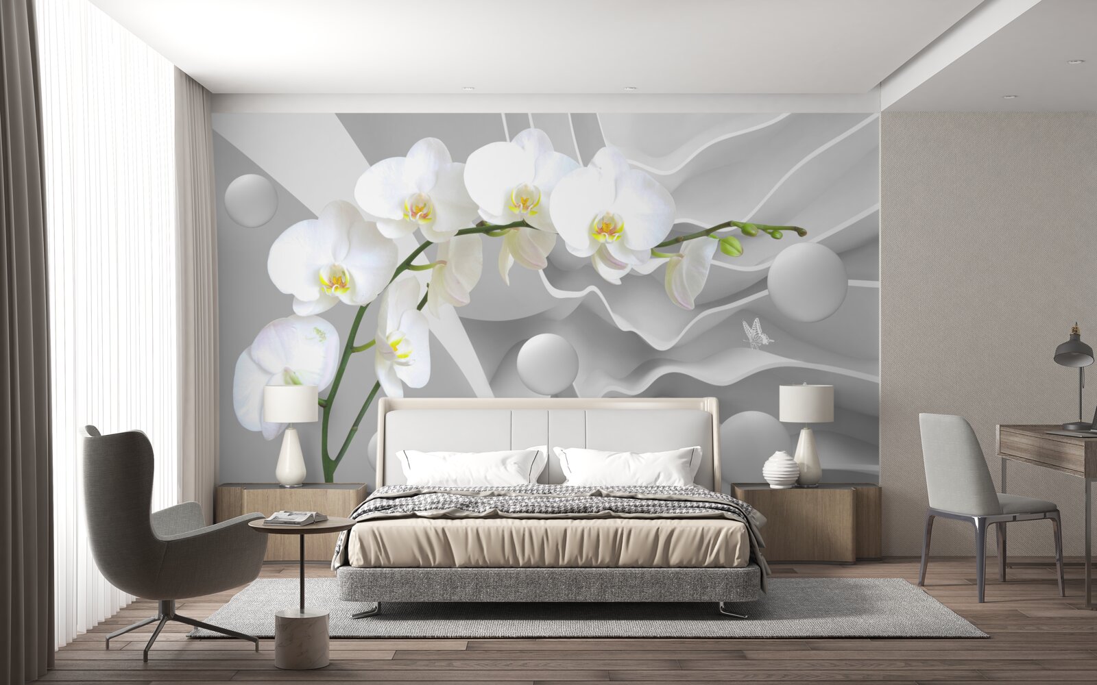 Fototapeten Weiße Orchideenblume auf einem Ast
