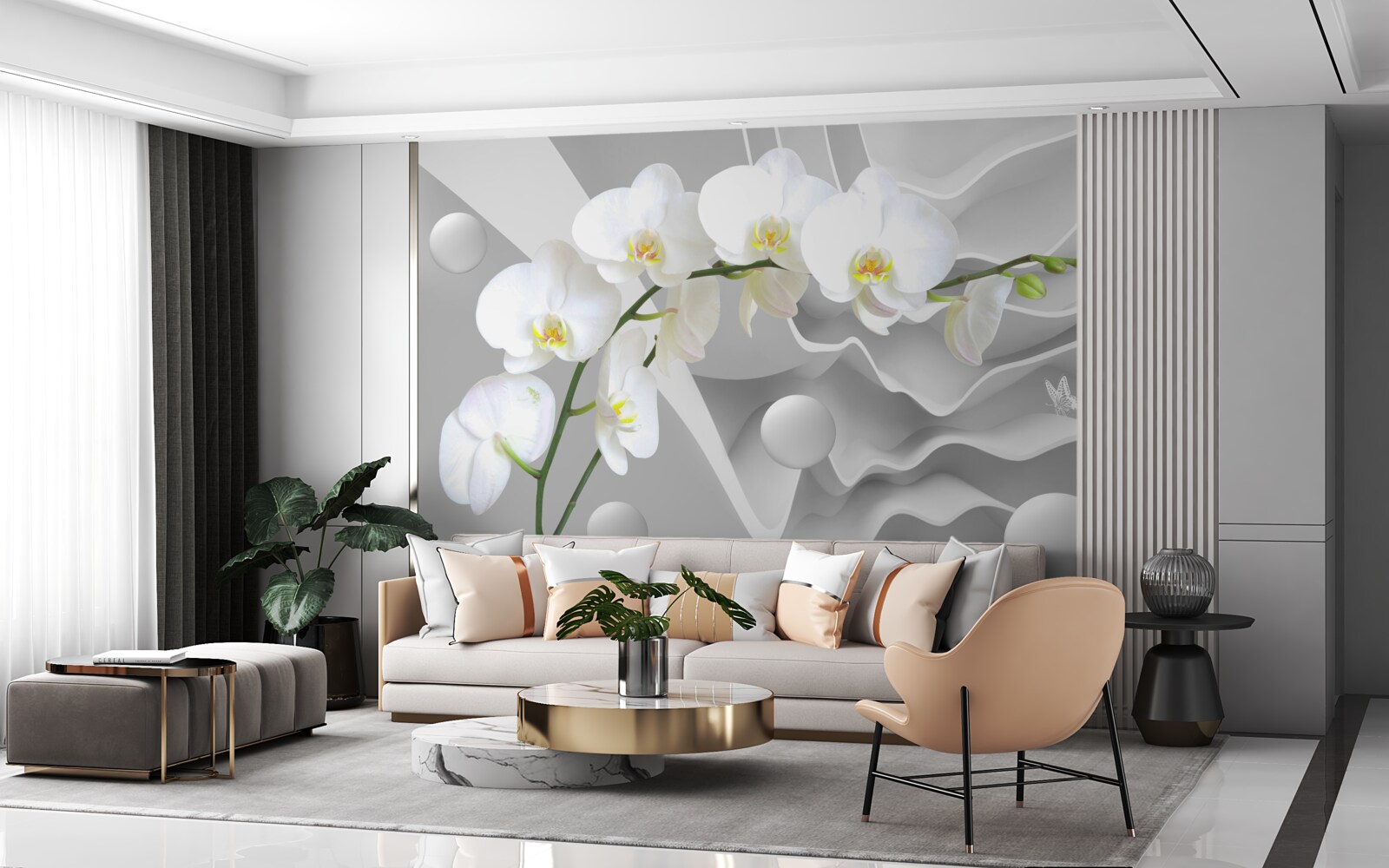 Fototapeten Weiße Orchideenblume auf einem Ast