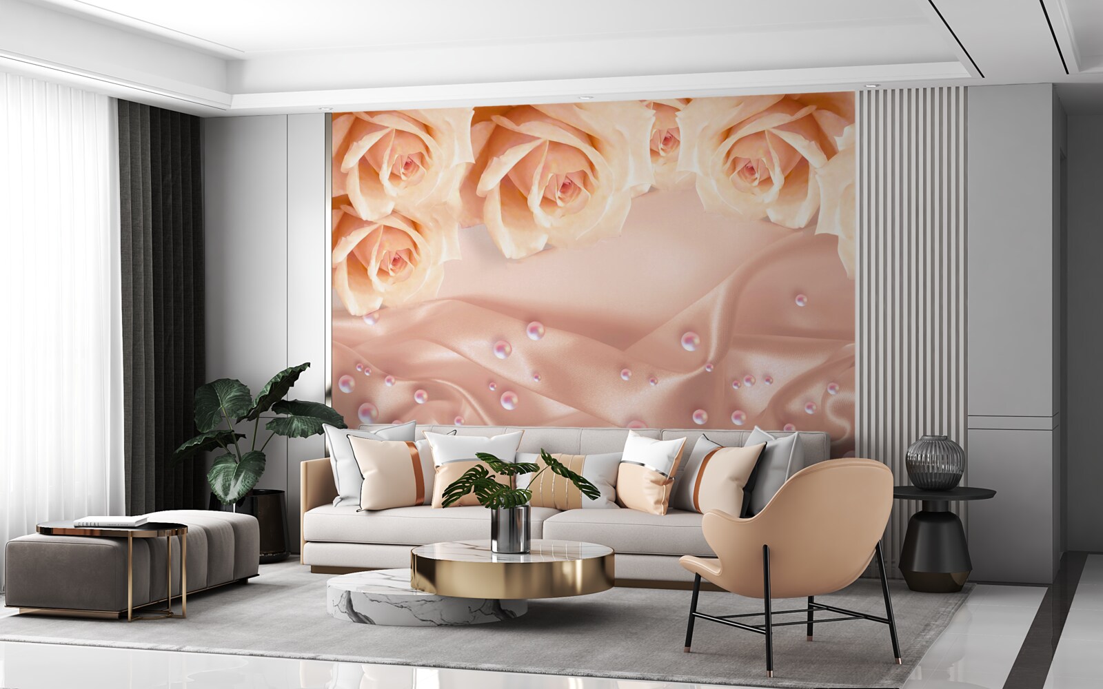 Fototapeten Perlen und orangefarbene Rosen