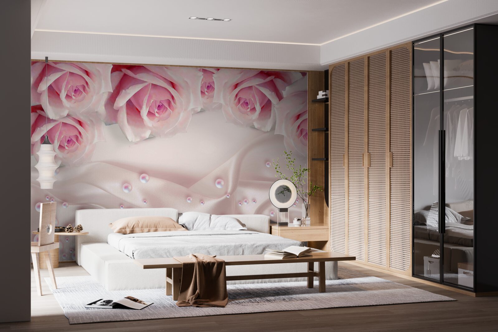 Fototapeten Perlen und rosa Blumen