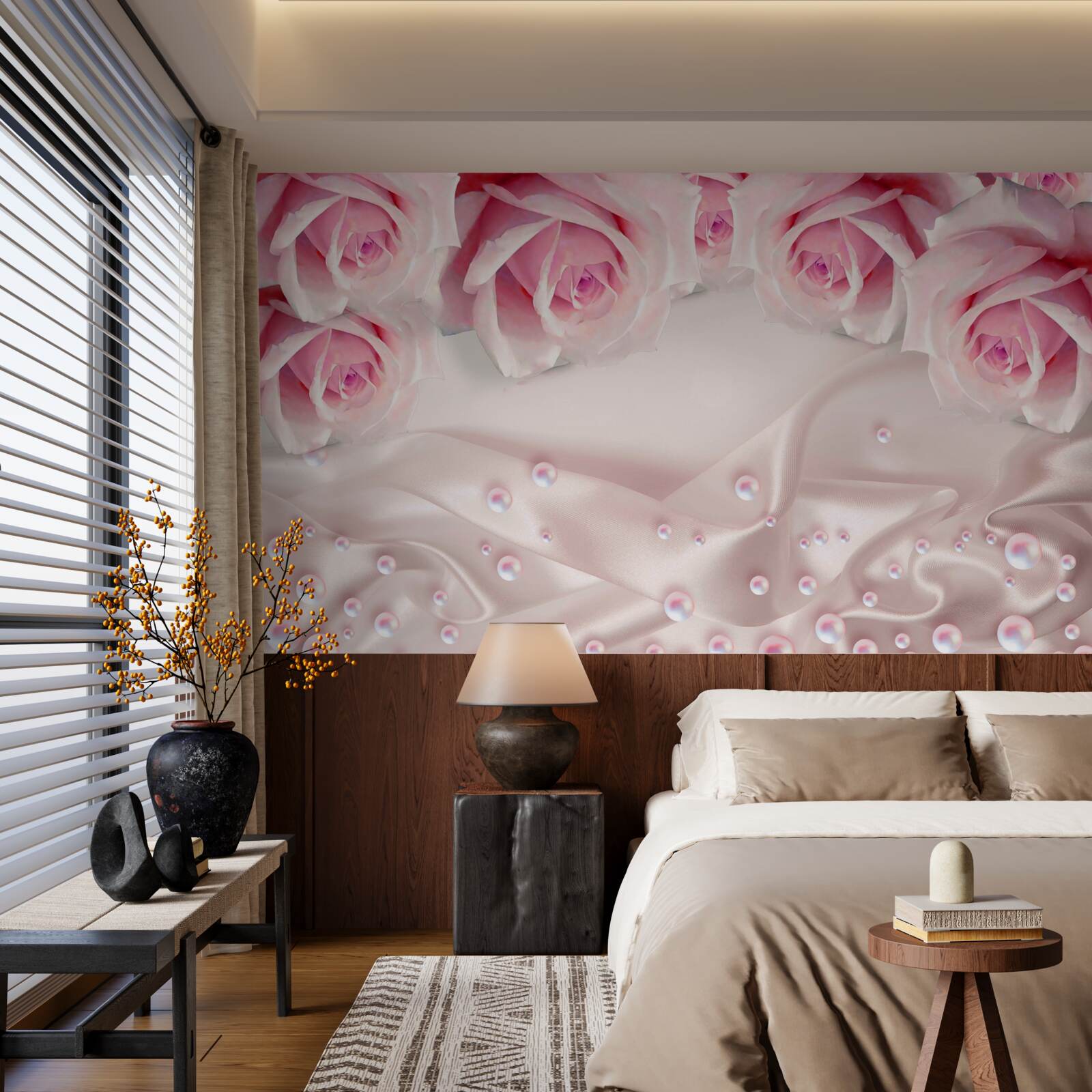 Fototapeten Perlen und rosa Blumen
