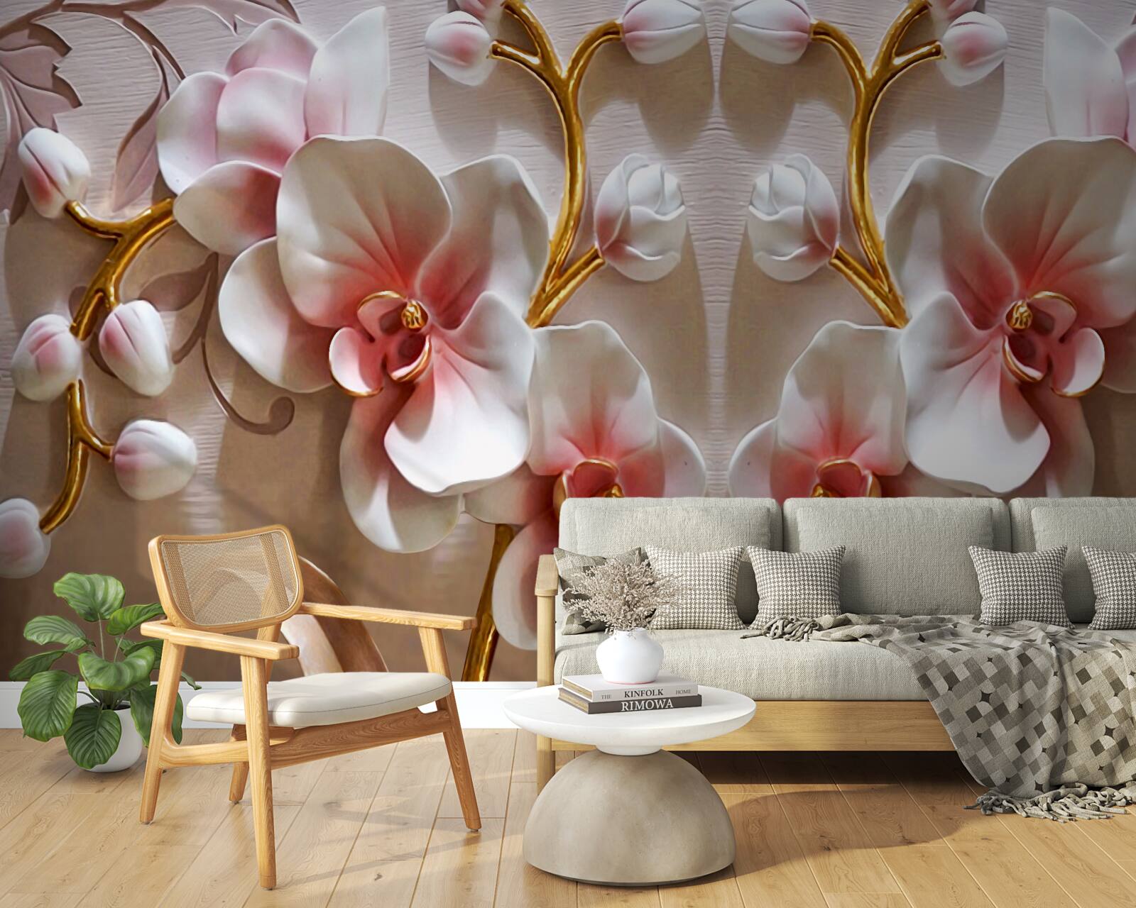 Fototapeten Orchideenknospen, die sich in einer schneebedeckten Farbe widerspiegeln