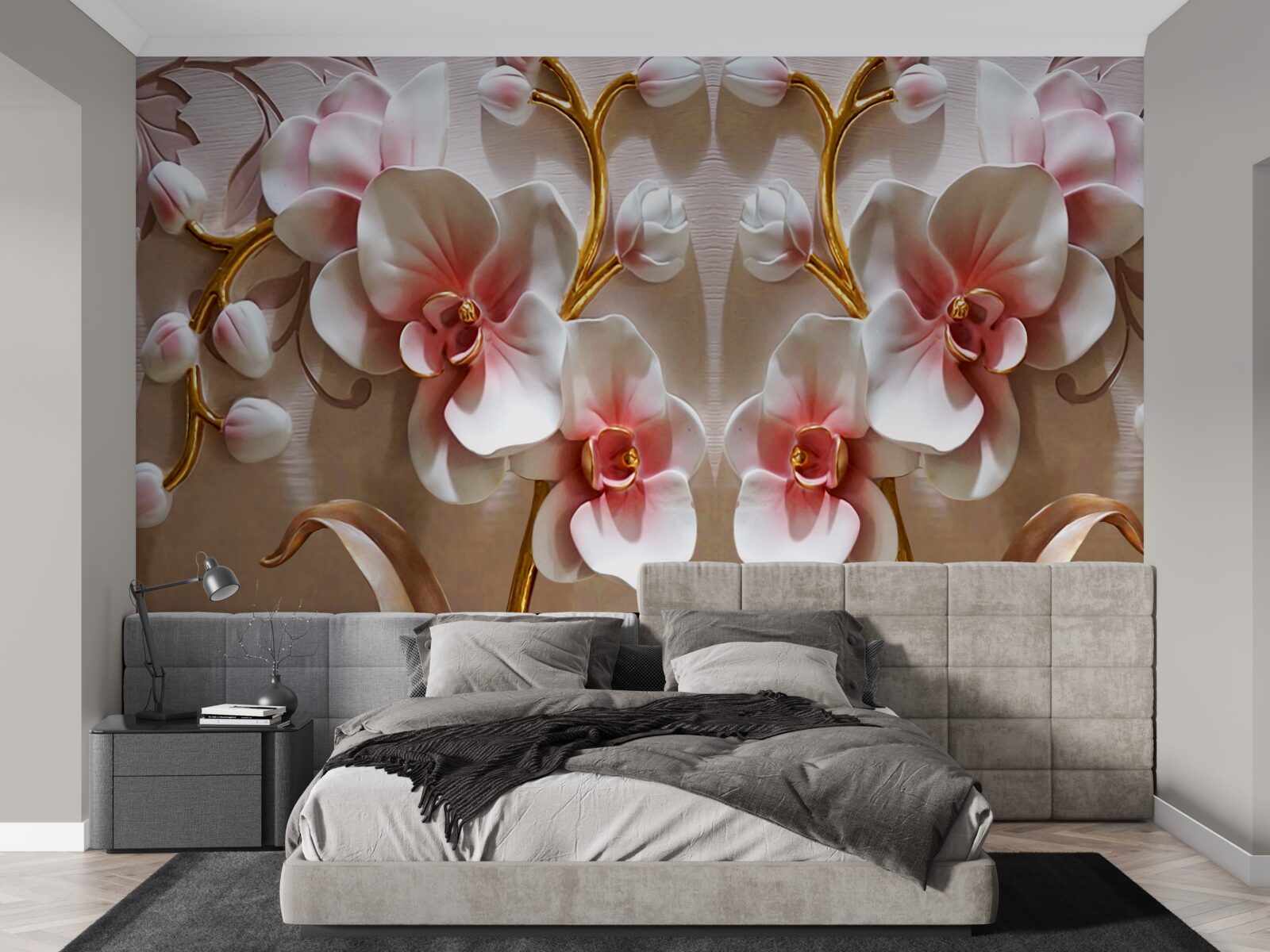 Fototapeten Orchideenknospen, die sich in einer schneebedeckten Farbe widerspiegeln