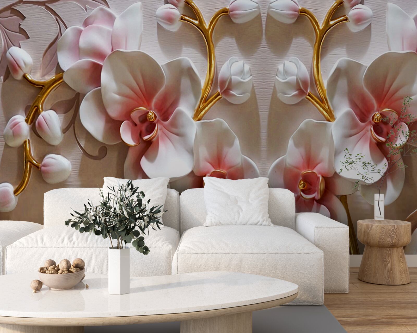 Fototapeten Orchideenknospen, die sich in einer schneebedeckten Farbe widerspiegeln
