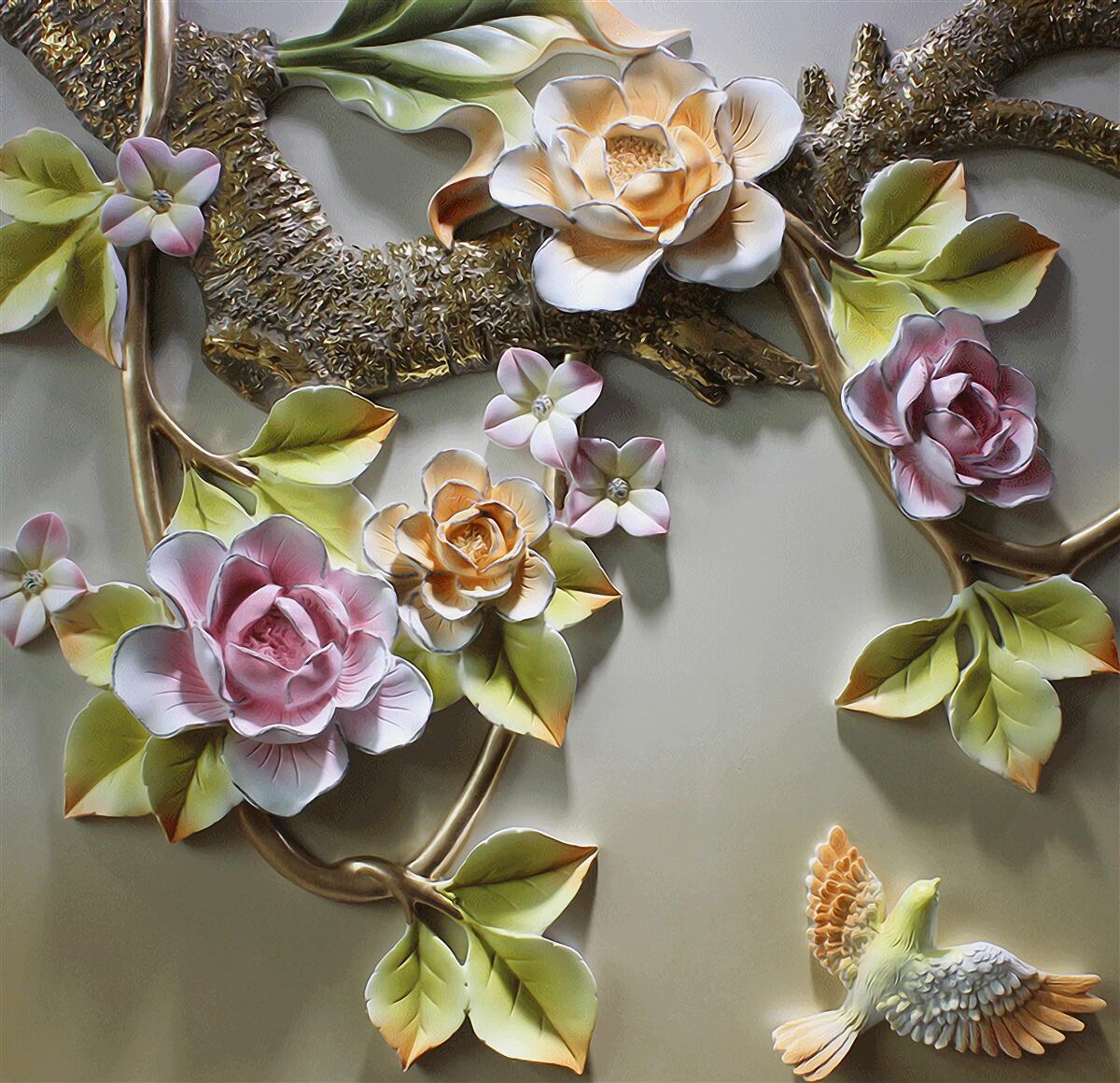 Fototapeten Lotos Blumen in Schatten von Gelb und Weiß und Lila und Vogel