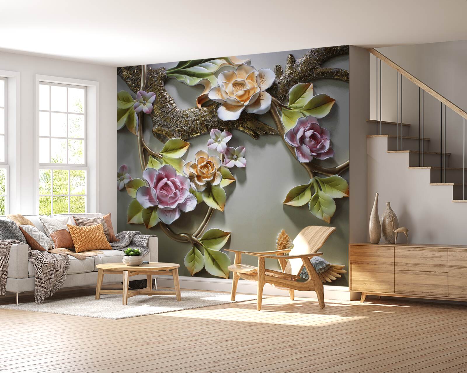 Fototapeten Lotos Blumen in Schatten von Gelb und Weiß und Lila und Vogel