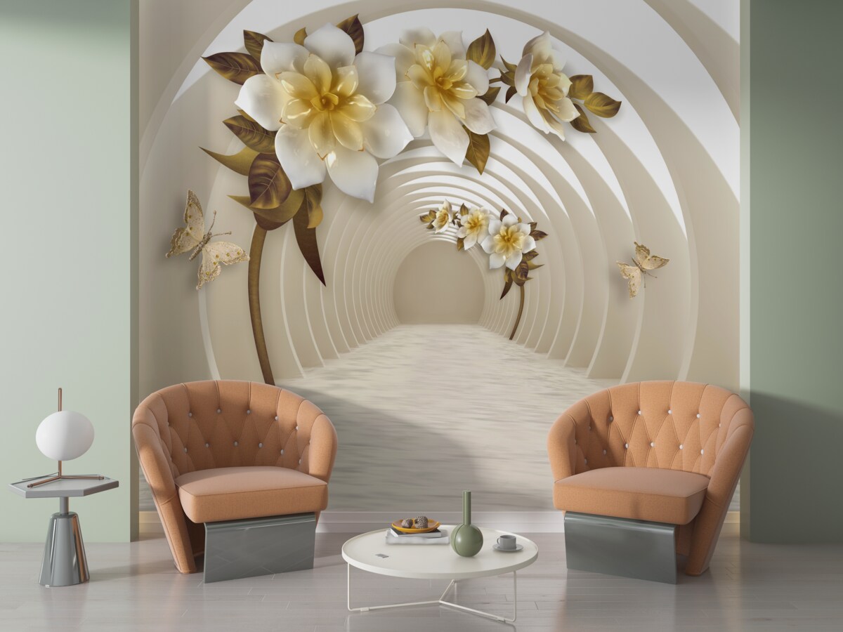 Fototapeten Wenn Sie aus einer Perspektive schauen, können Sie sehen, wie weißer Lotus mit Gold dekoriert ist