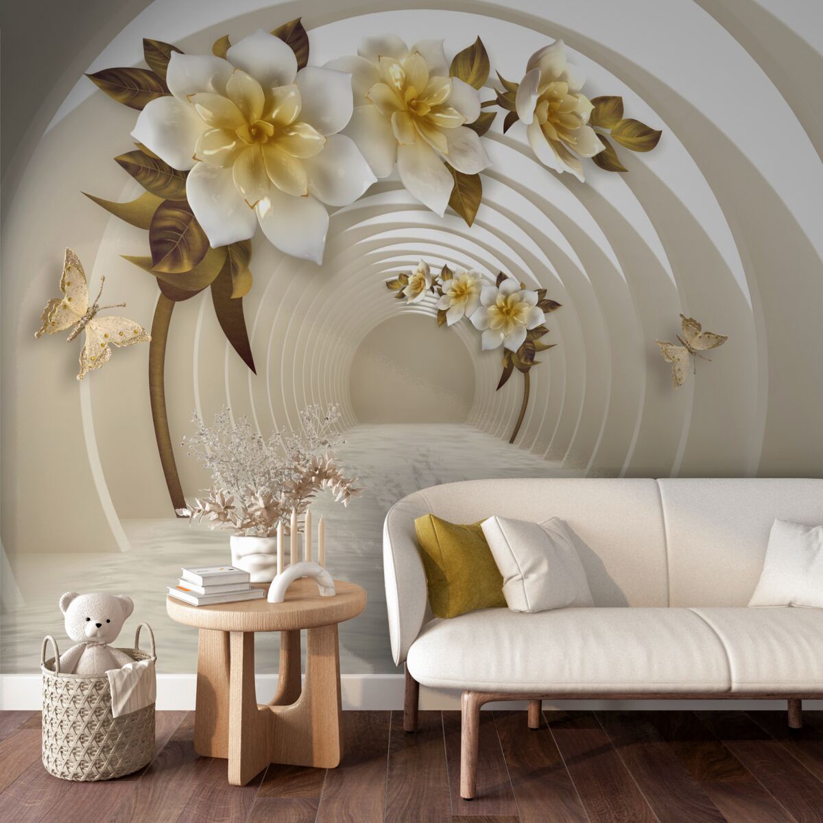 Fototapeten Wenn Sie aus einer Perspektive schauen, können Sie sehen, wie weißer Lotus mit Gold dekoriert ist