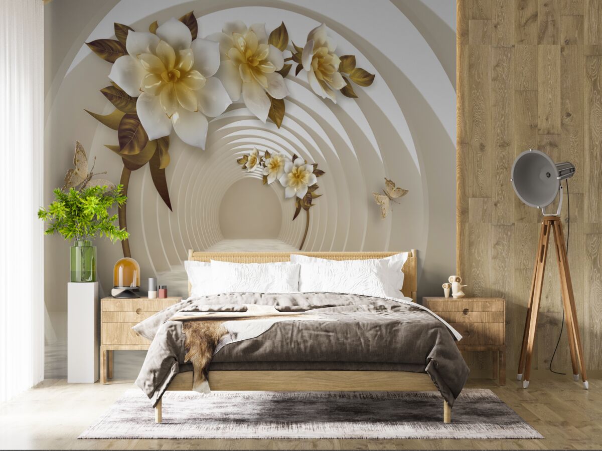 Fototapeten Wenn Sie aus einer Perspektive schauen, können Sie sehen, wie weißer Lotus mit Gold dekoriert ist