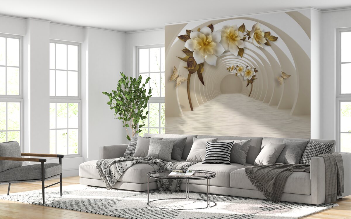 Fototapeten Wenn Sie aus einer Perspektive schauen, können Sie sehen, wie weißer Lotus mit Gold dekoriert ist