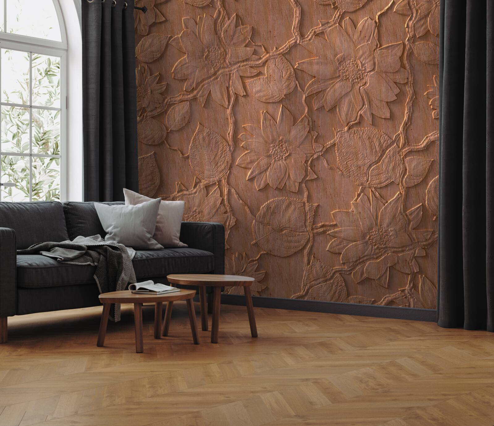 Fototapeten Gips mit Blumen aus rohem Holz