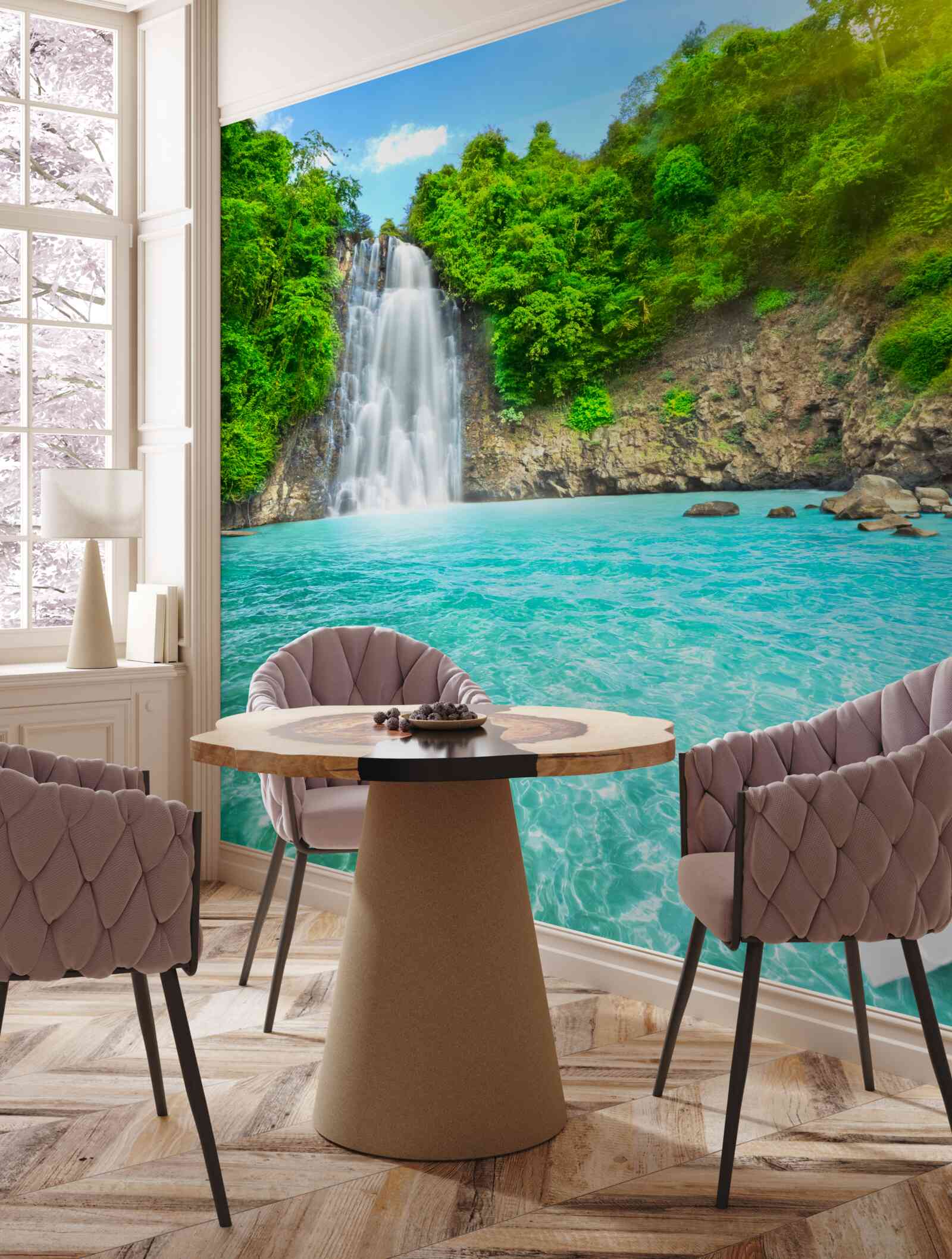 Fototapeten Das Wasser am Wasserfall ist kristallklar