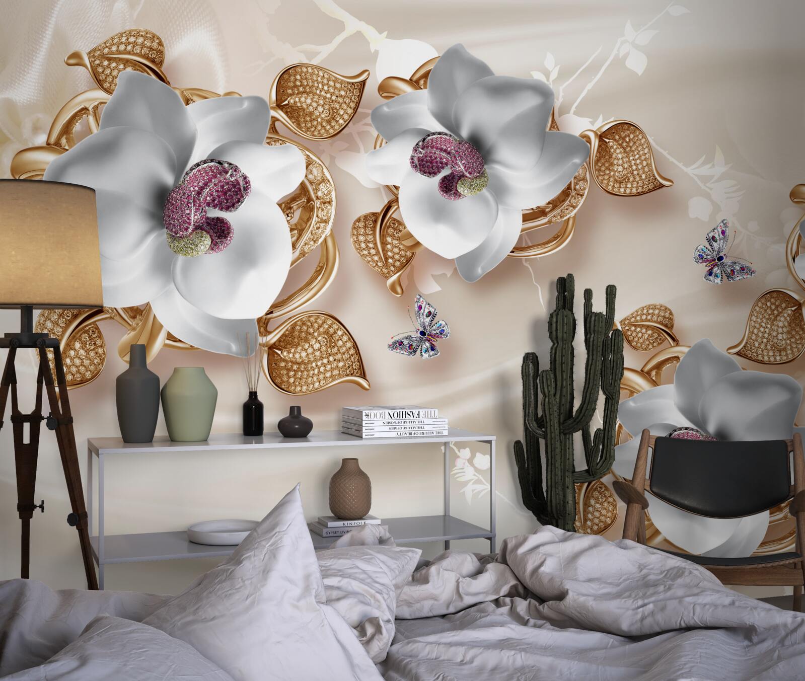 Fototapeten Weiße Orchidee mit goldenen Blättern