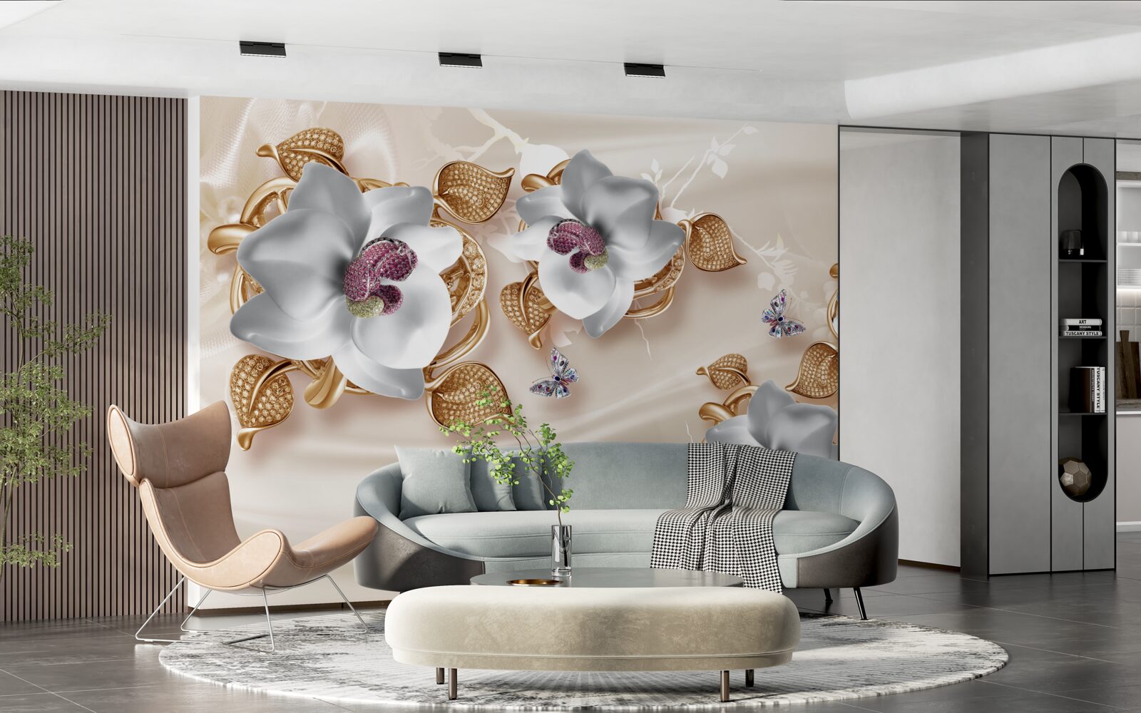 Fototapeten Weiße Orchidee mit goldenen Blättern