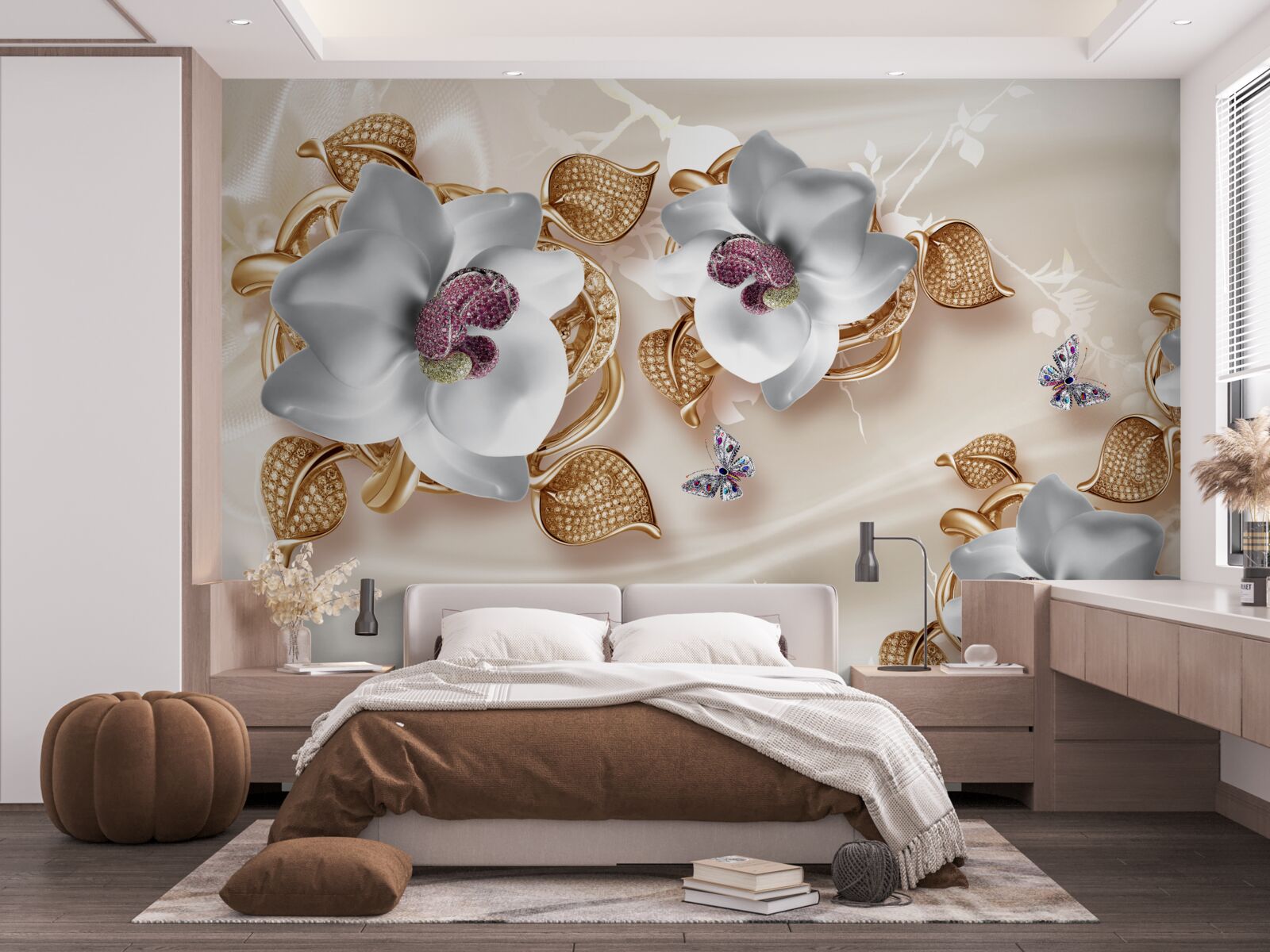 Fototapeten Weiße Orchidee mit goldenen Blättern