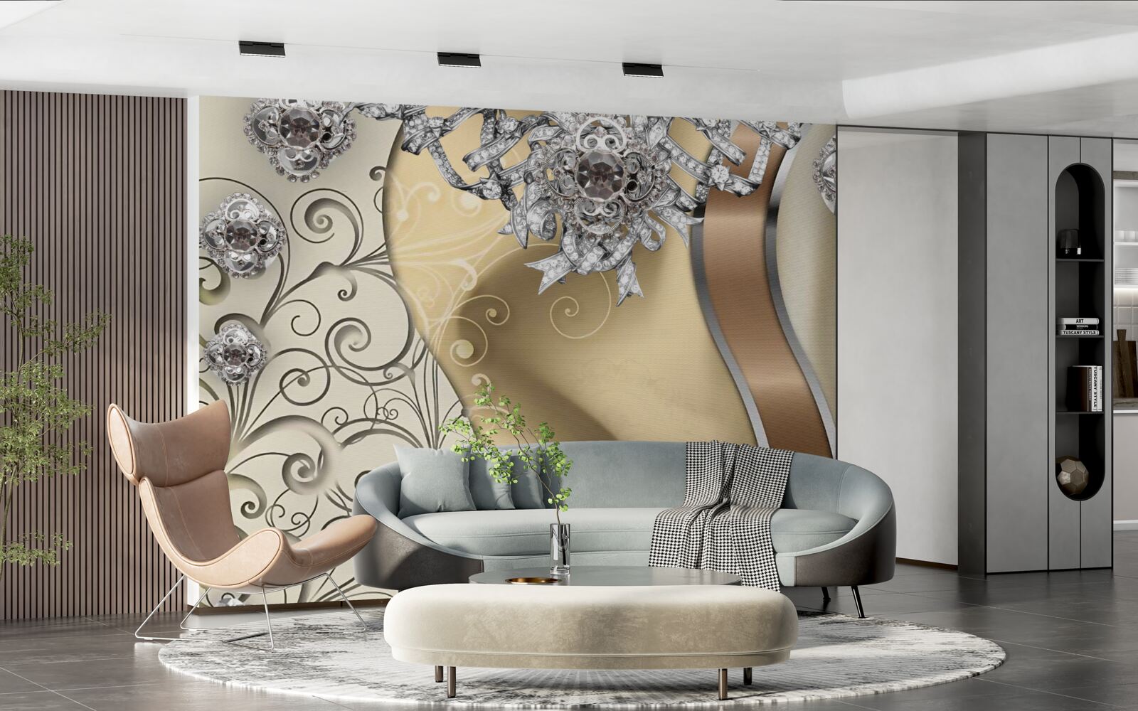 Fototapeten Blumen aus Silber auf Gold