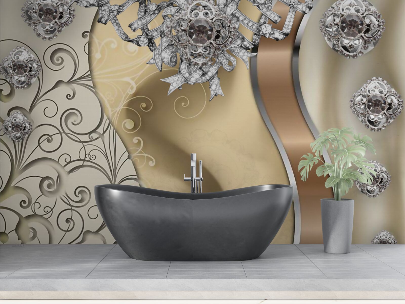 Fototapeten Blumen aus Silber auf Gold