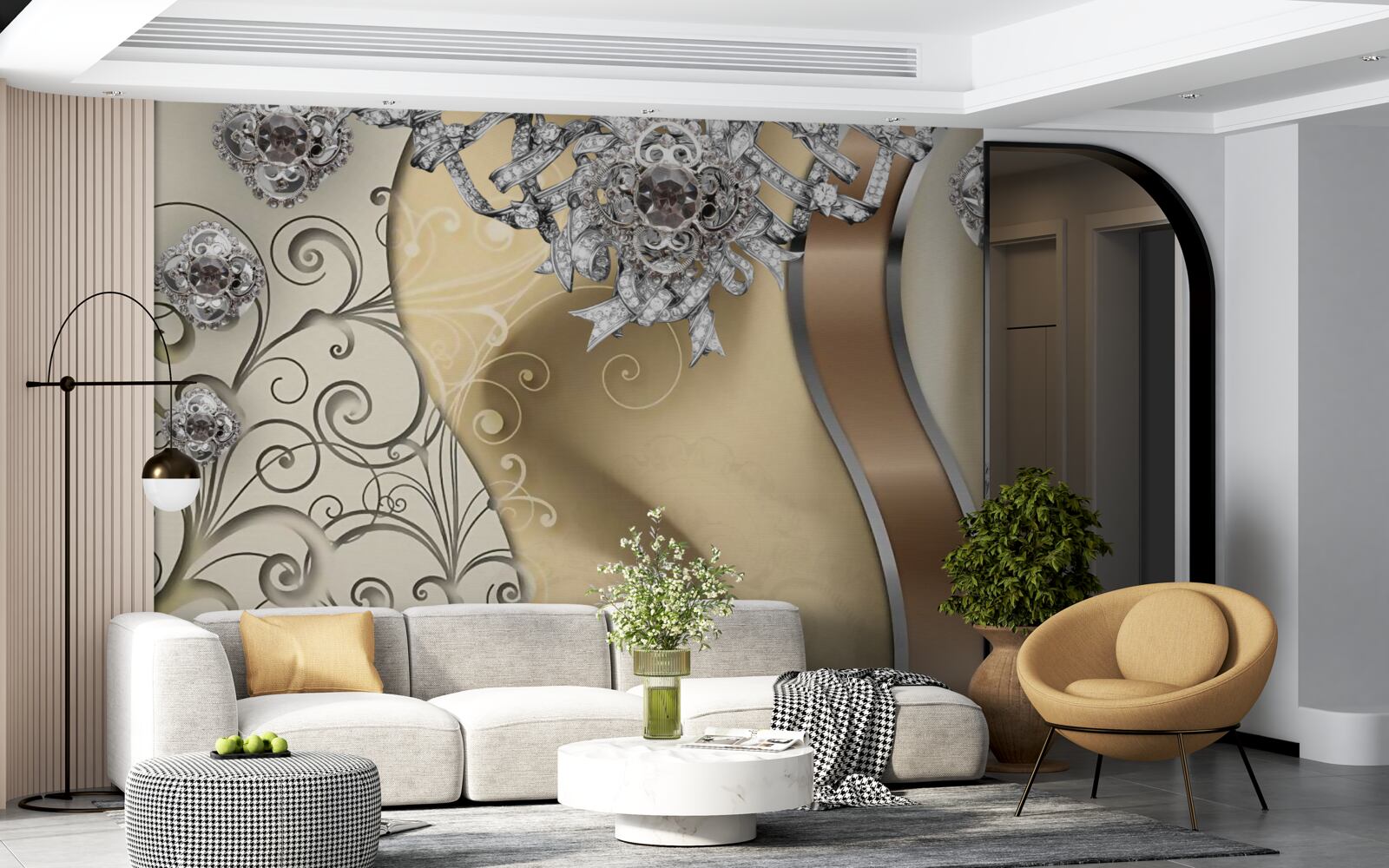 Fototapeten Blumen aus Silber auf Gold