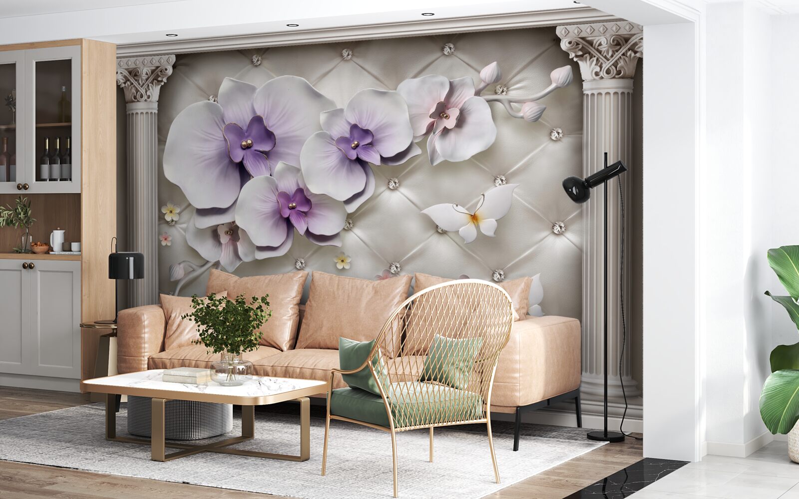 Fototapeten Schnee -White -Orchidee mit Gold und Perle dekoriert