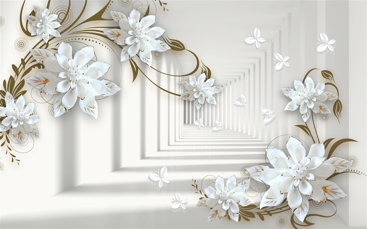 Fototapeten Magnolienzweige mit goldener Dehnung entlang des Panoramas des Tunnels