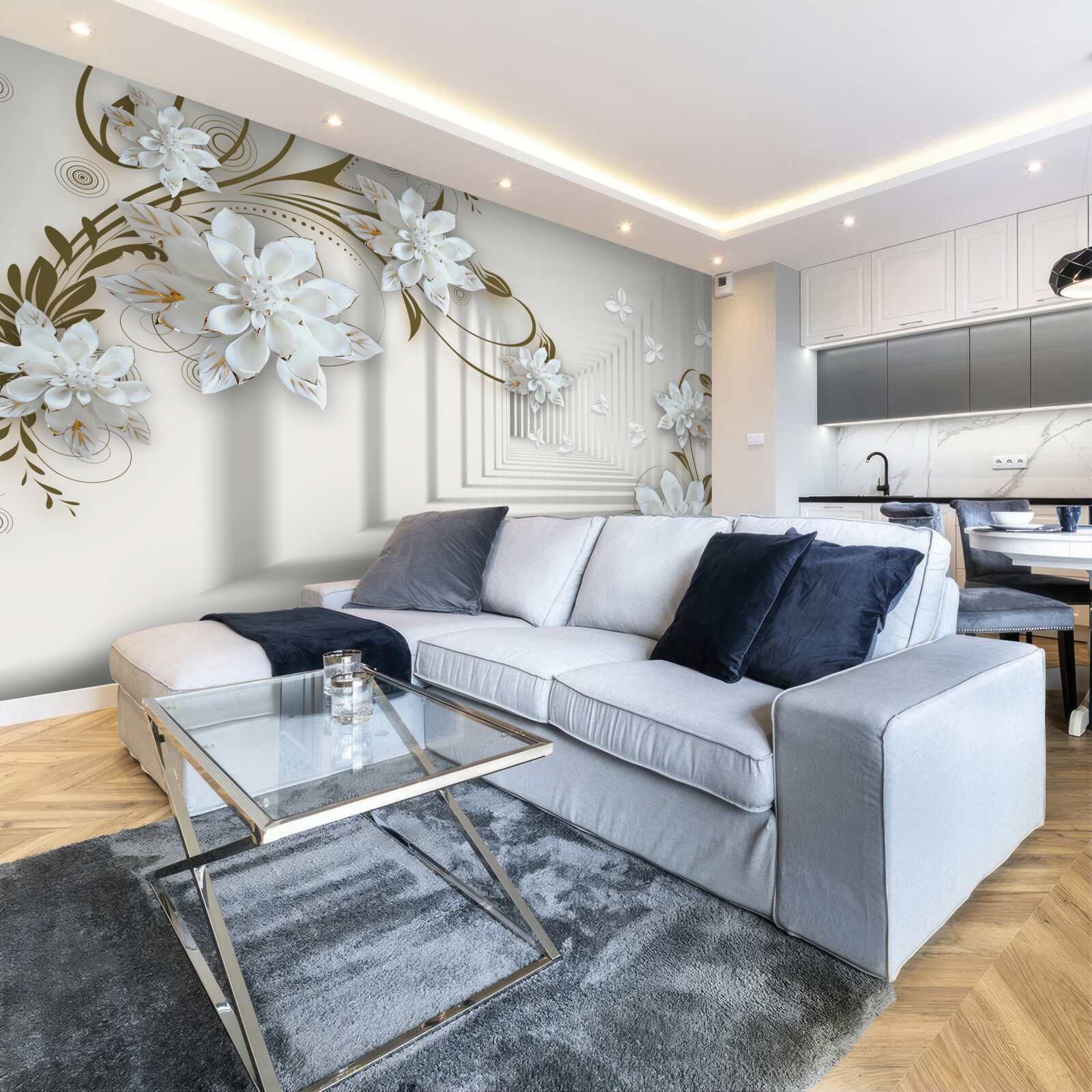 Fototapeten Magnolienzweige mit goldener Dehnung entlang des Panoramas des Tunnels