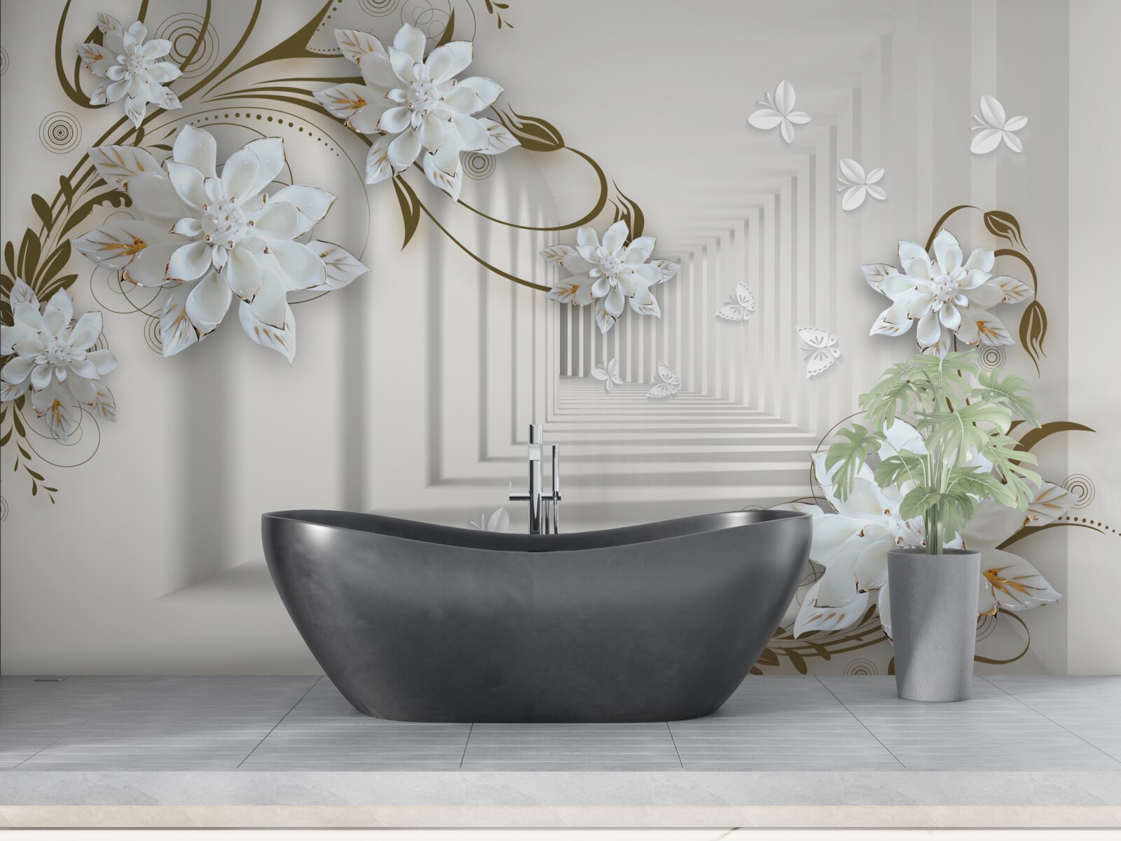 Fototapeten Magnolienzweige mit goldener Dehnung entlang des Panoramas des Tunnels