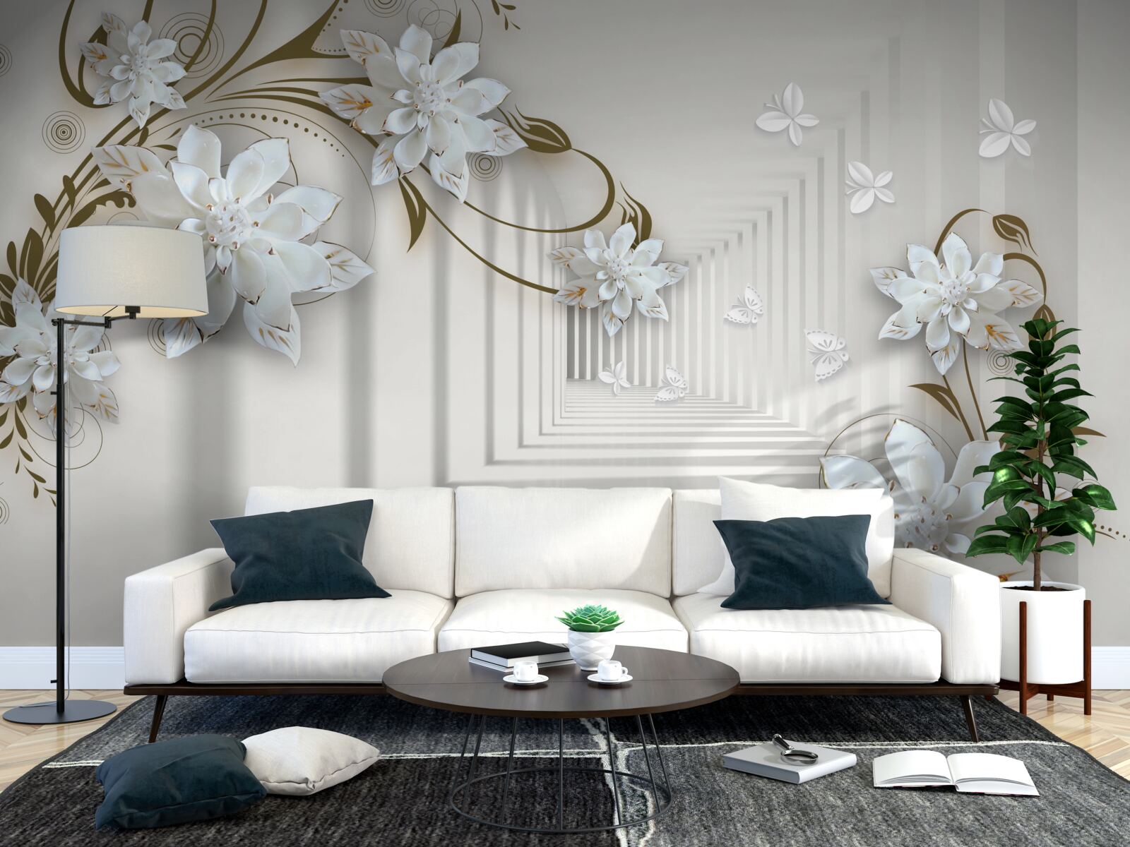 Fototapeten Magnolienzweige mit goldener Dehnung entlang des Panoramas des Tunnels