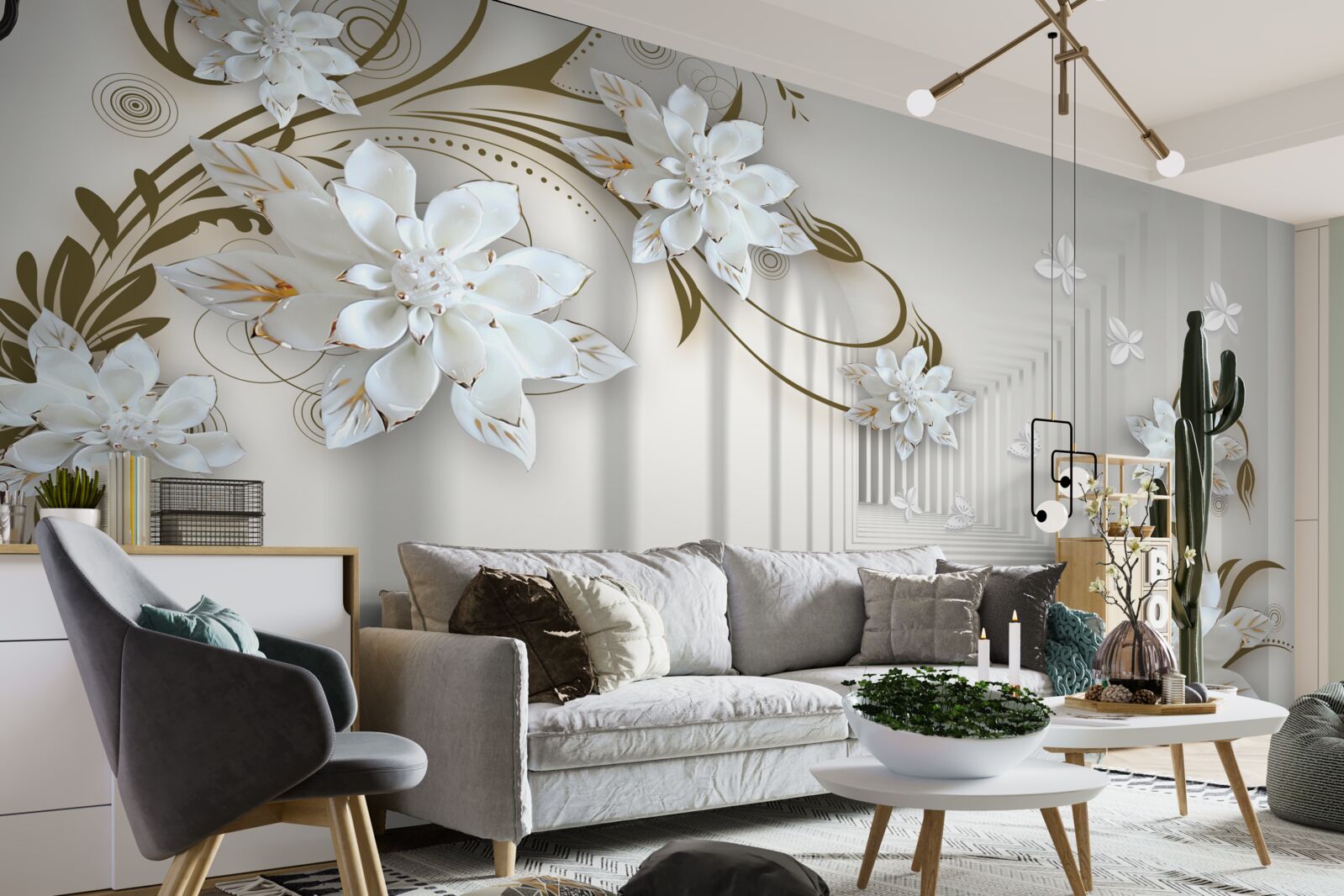 Fototapeten Magnolienzweige mit goldener Dehnung entlang des Panoramas des Tunnels