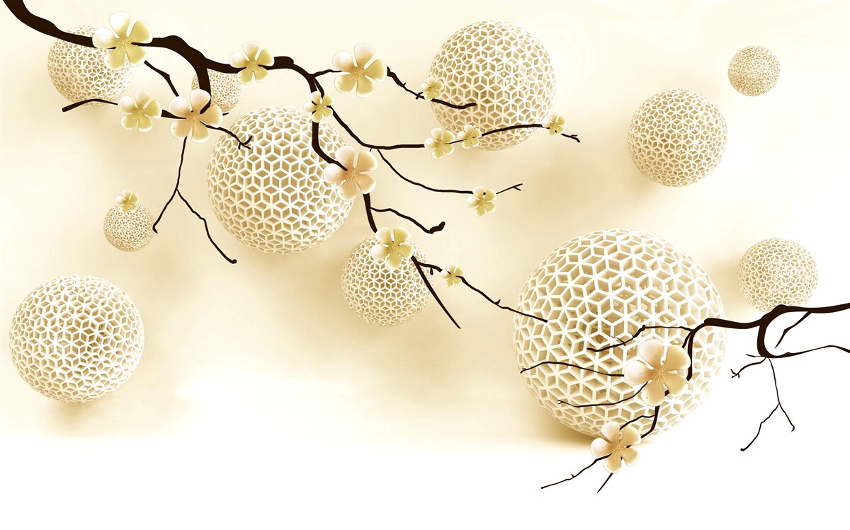 Fototapeten Knospen an Zweigen und goldenen Bällen