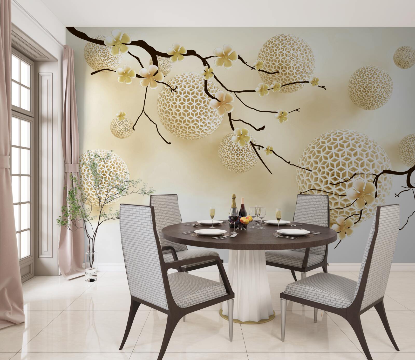 Fototapeten Knospen an Zweigen und goldenen Bällen