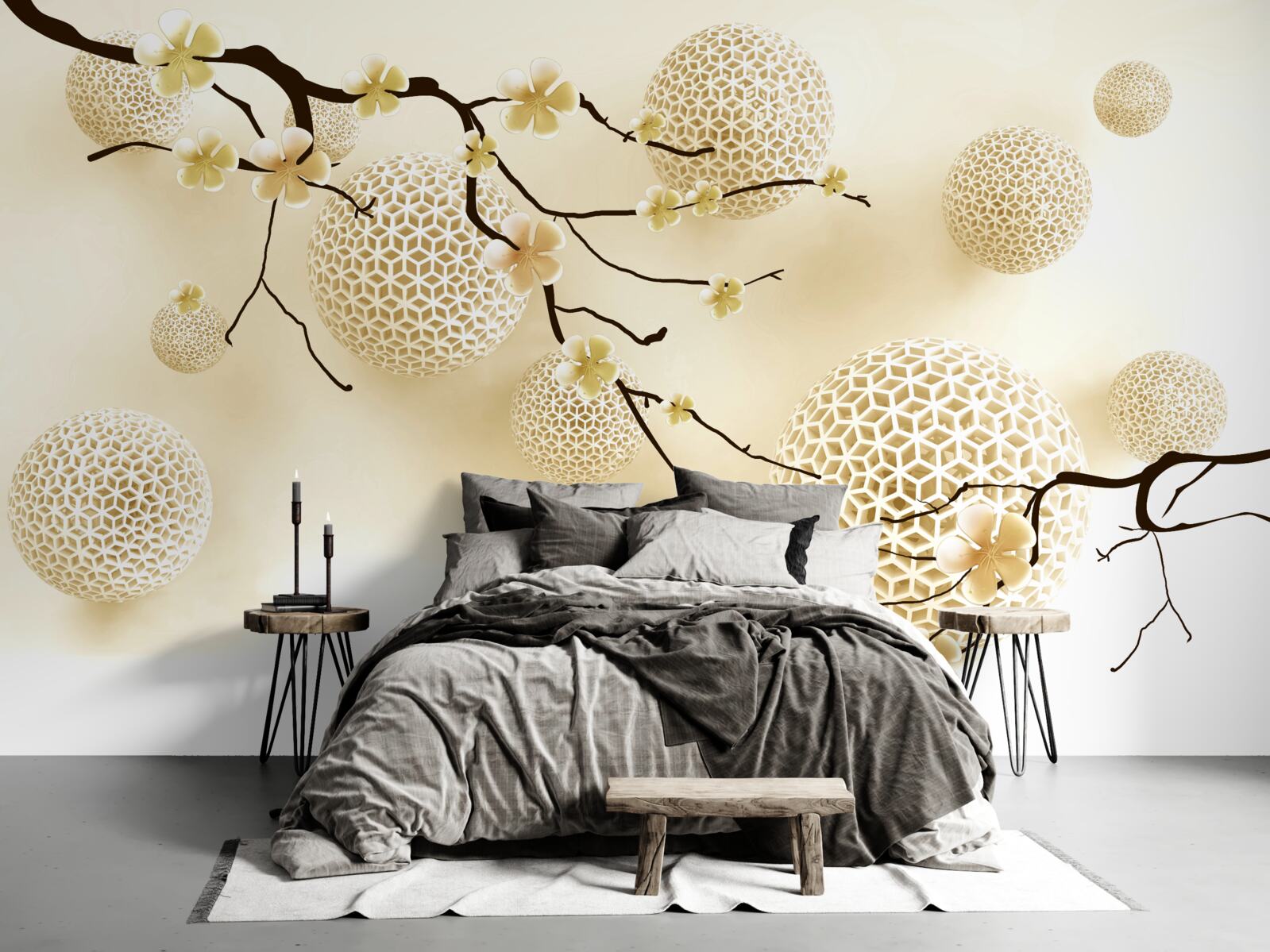 Fototapeten Knospen an Zweigen und goldenen Bällen