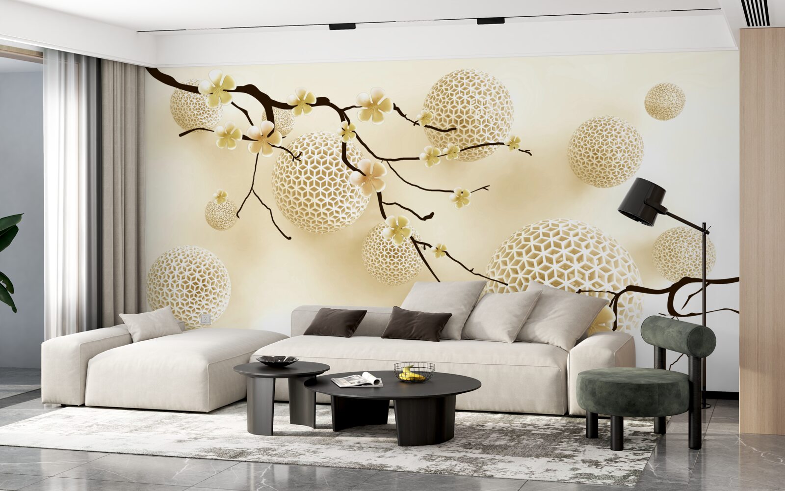 Fototapeten Knospen an Zweigen und goldenen Bällen
