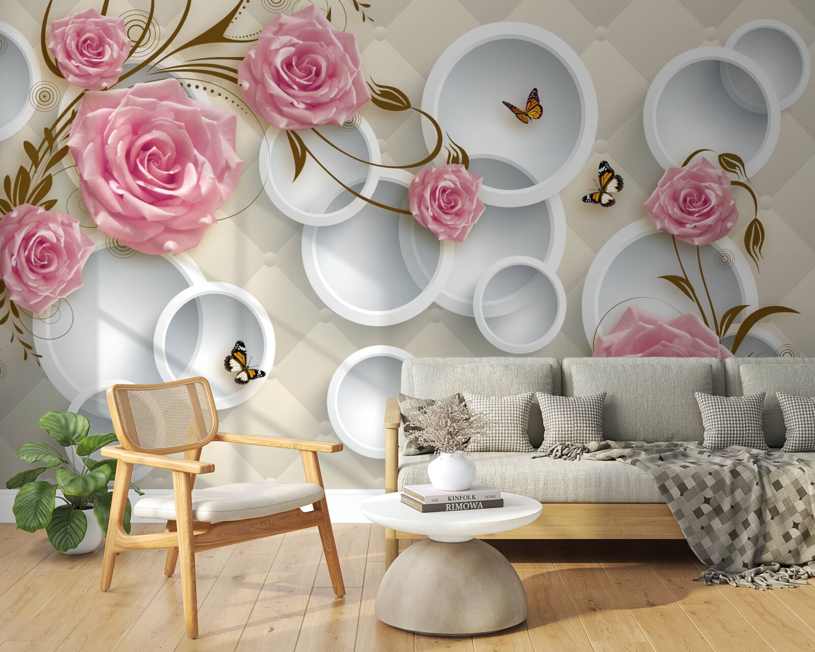 Fototapeten Auf einem geometrischen Hintergrund eine zarte Rose in einem rosa Busch