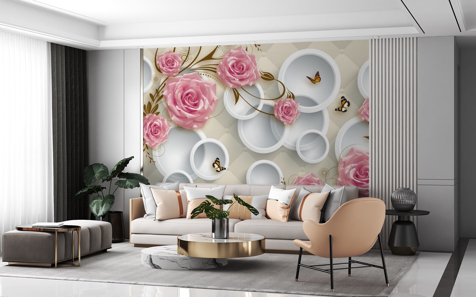 Fototapeten Auf einem geometrischen Hintergrund eine zarte Rose in einem rosa Busch