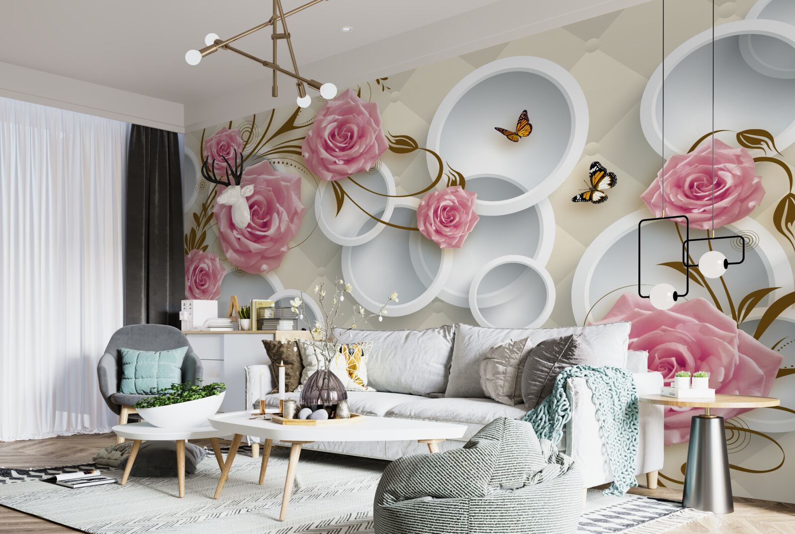 Fototapeten Auf einem geometrischen Hintergrund eine zarte Rose in einem rosa Busch