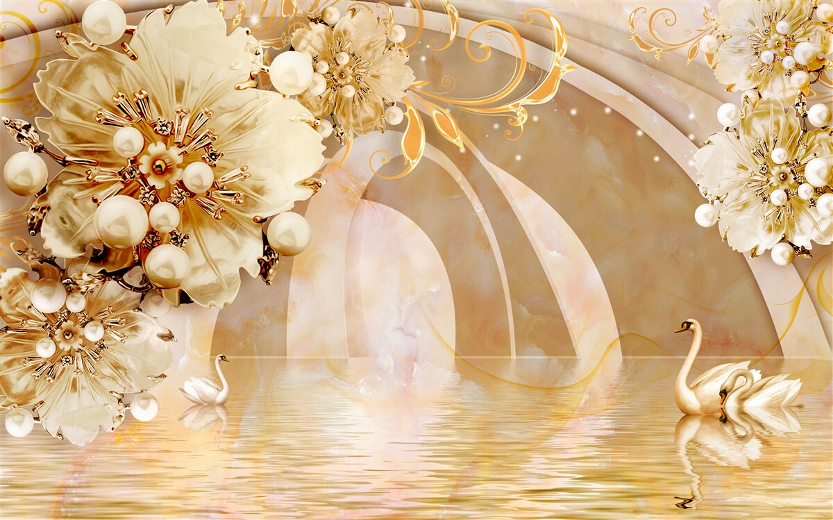 Fototapeten Lake scheint mit Gold, in dem Schwäne schwimmen und Blumen wachsen