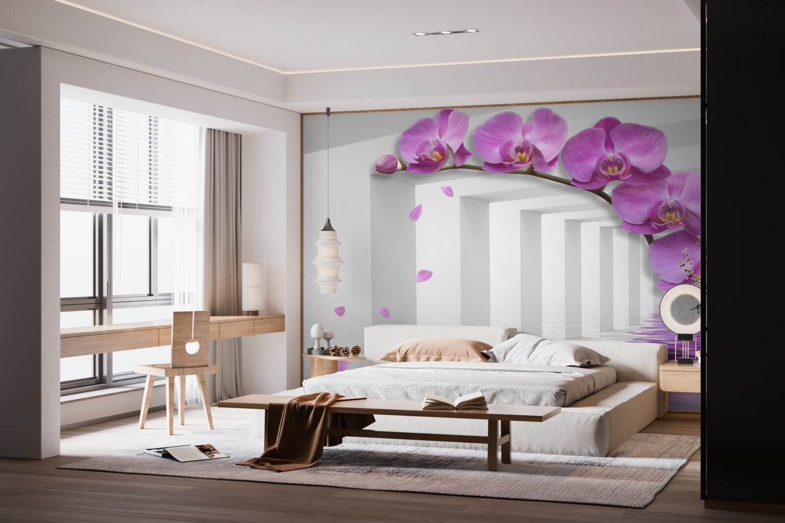 Fototapeten Lila Orchidee auf einem Ast, der von weißen Bögen umgeben ist