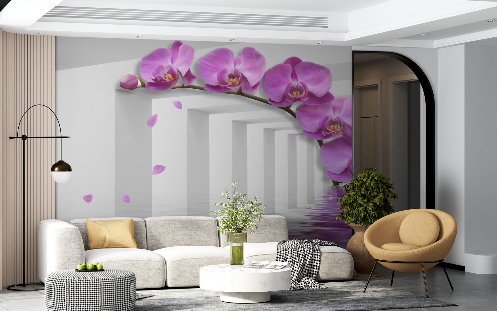 Fototapeten Lila Orchidee auf einem Ast, der von weißen Bögen umgeben ist