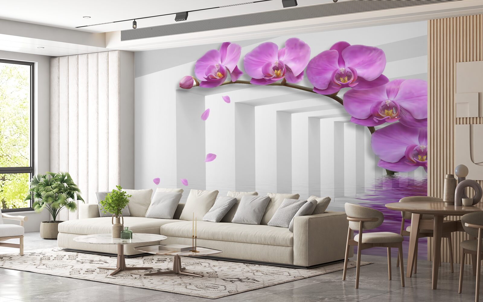Fototapeten Lila Orchidee auf einem Ast, der von weißen Bögen umgeben ist