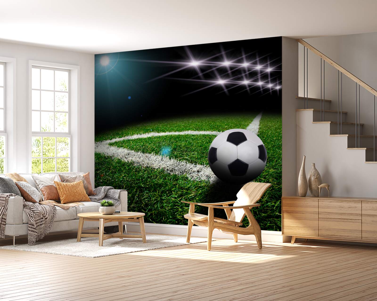 Fototapeten Der Ball liegt auf dem Rasen des Stadions