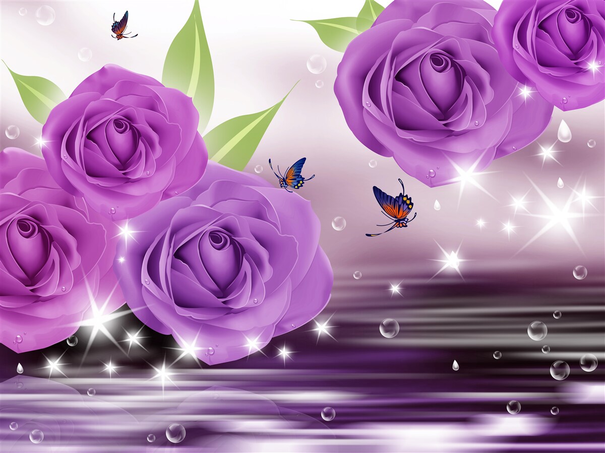 Fototapeten Schmetterlinge und Rosen haben eine dunkelviolette, lila Farbe